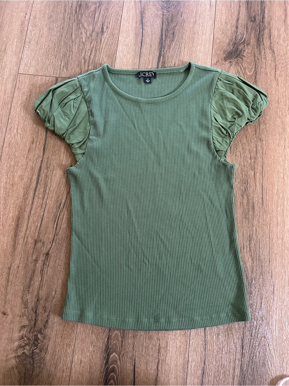 J. Crew Olive Ribbed Puff-Sleeve Knit Top